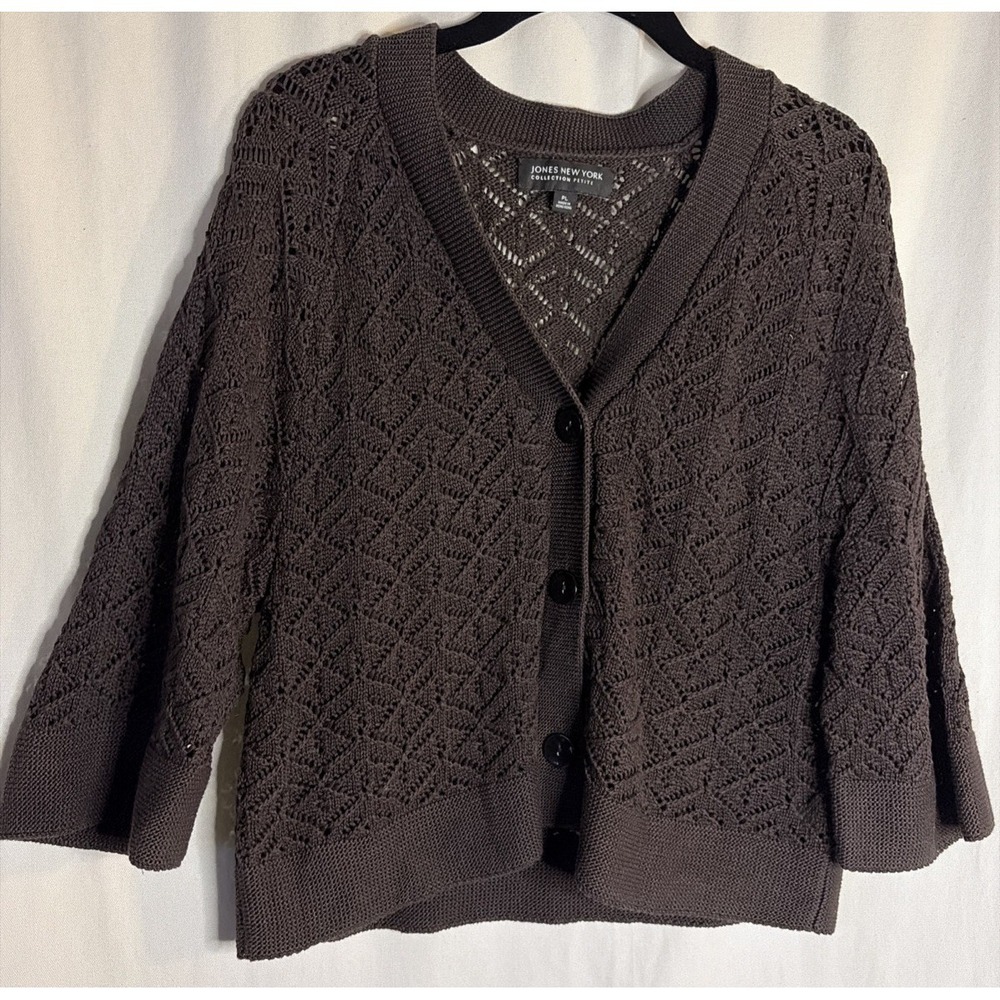 Jones New York Womens Brown Petite 3/4 Sleeve Open Elevated Classic Crotchet PL